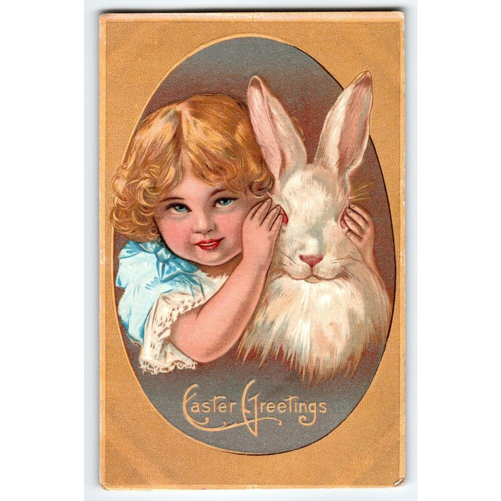 Easter Postcard Girl Covers White Rabbits Eyes Embossed Vintage Greetings Bunny
